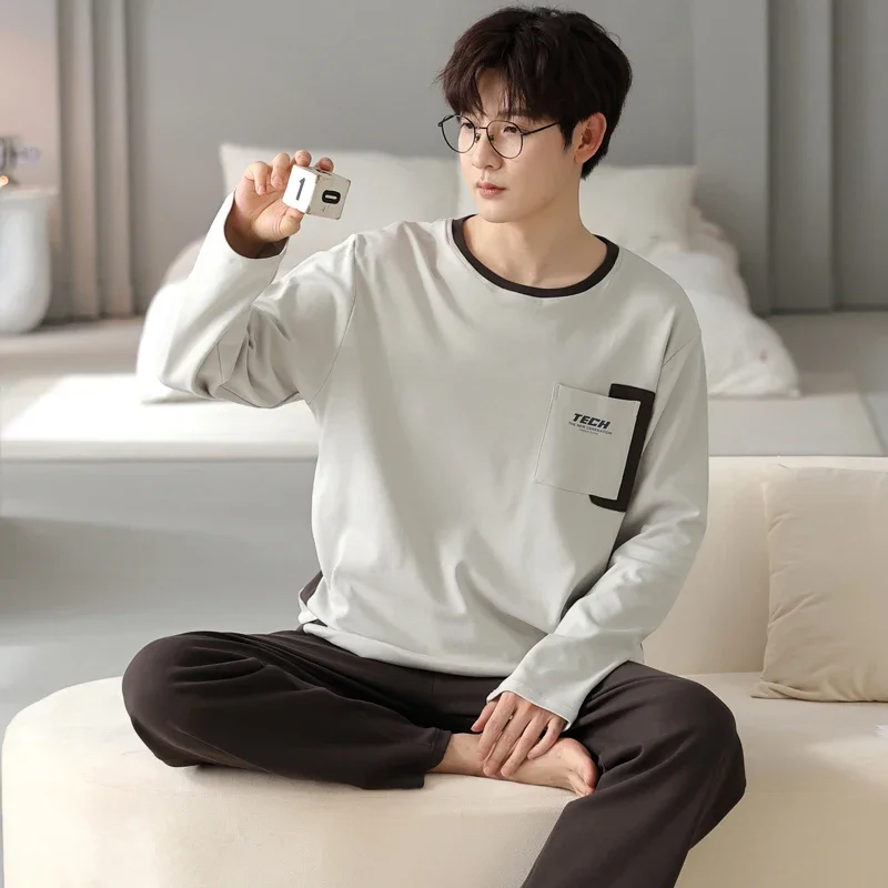 New Long Sleeve Sleepwear Men Home Set Cotton Pjs Letter Print Leisure Nightwear Pajamas for Spring Autumn pijama hombre