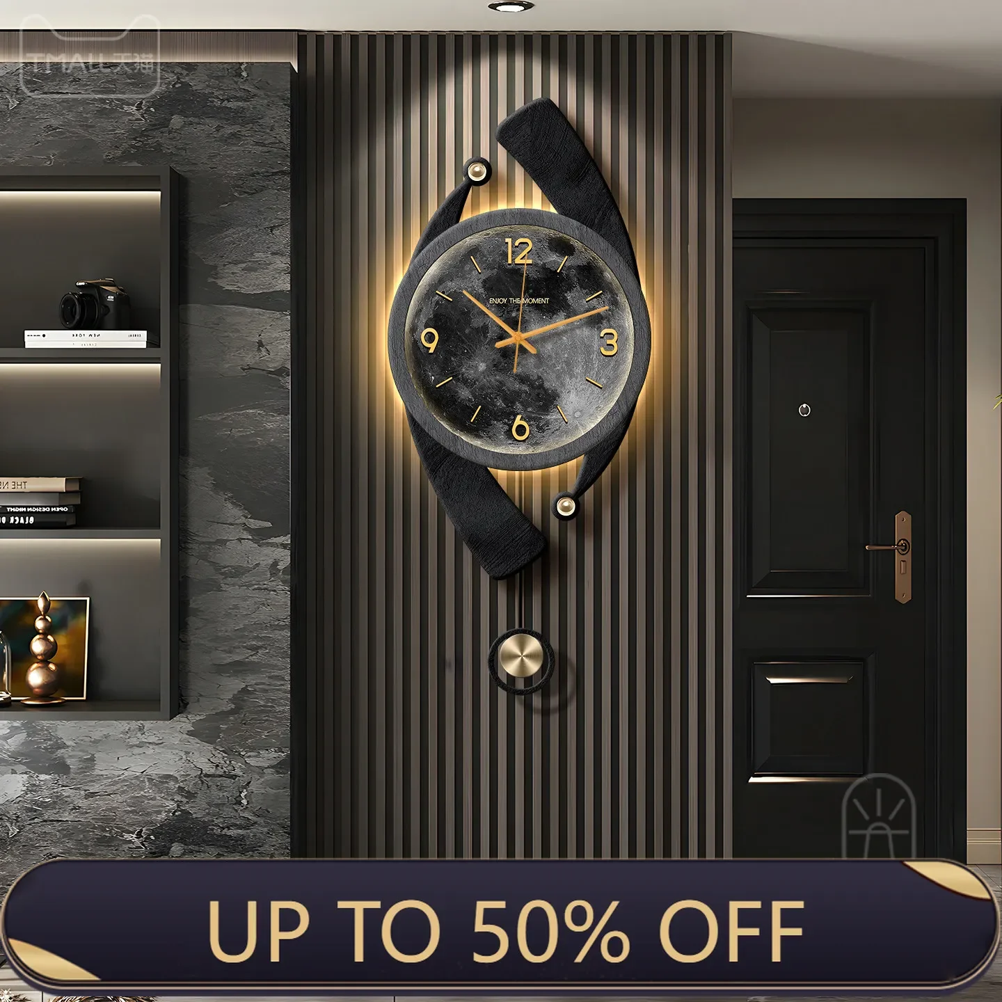 Modern Luxury Moon Wall Clock Silent Glow LED Light for Living Room TV Background Wall Home Decor Night Light Creative Design
