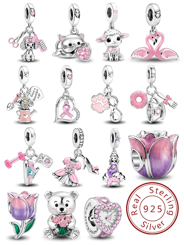 

925 Sterling Silver Pink Series Mermaid Tulip Charms Beads DIY Made Into Bracelets High Quality Jewelry Gift For Womens