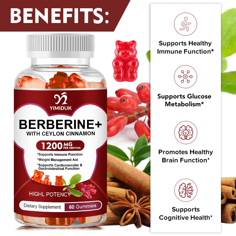 Berberine Gummies with Ceylon Cinnamon 1200mg High Potency Berberine HCL Supplement for Immune Support, Vegan, 60 Count