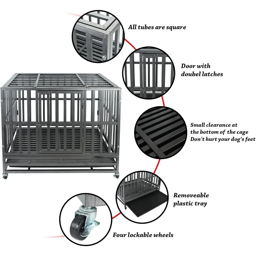 Indestructible Dog Crate Cage Kennel, 47 Inches, Double Door Locking Caster Removable Tray, for Medium and Large Dogs