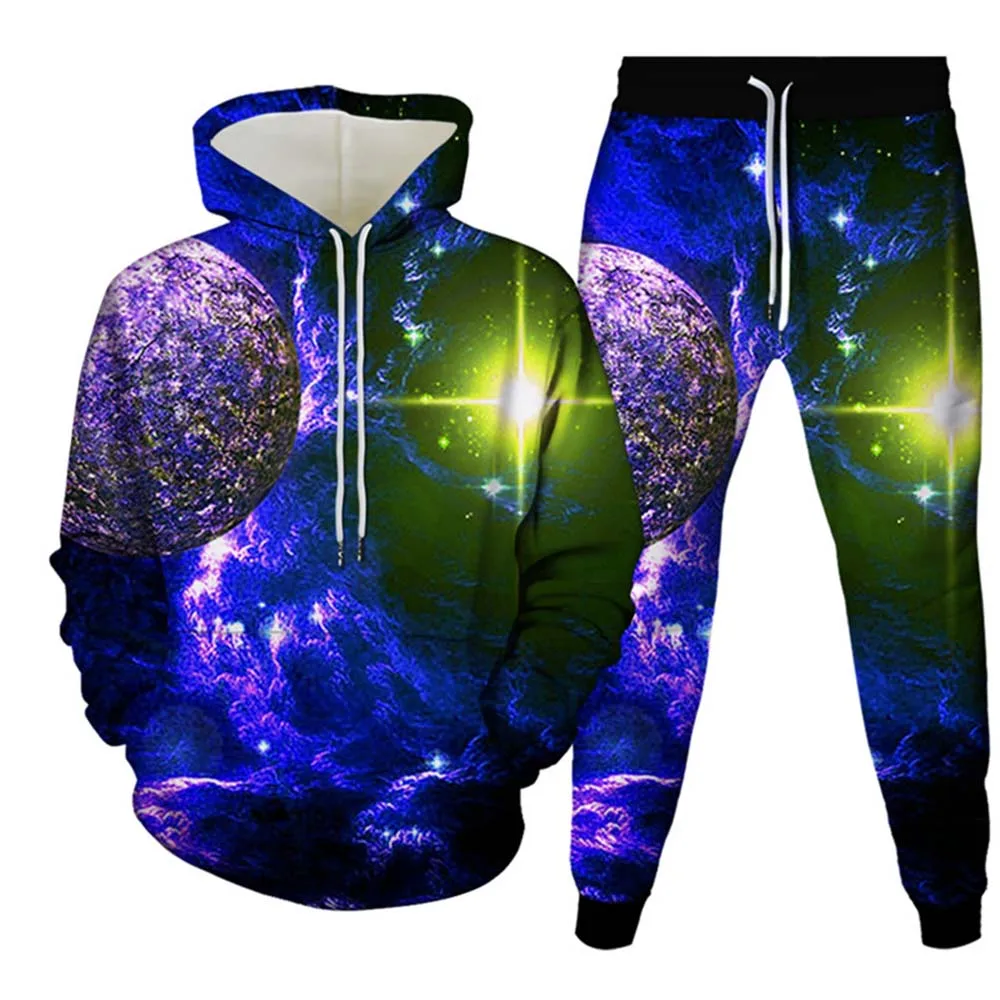 Universo Galáxia Planetas Masculino 3D Impresso Hoodie Suit, moletons casuais, moletom, conjunto de treino, roupas, 2 peças