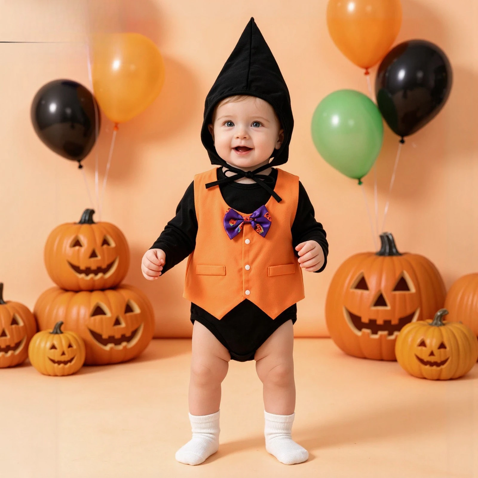 2026 New Creative Baby Boy Halloween Vintage Gentleman Vest Bow Tie Romper Pointed Hat Set Newborn Photo Gown