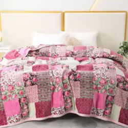 1pc Flannel Printed Blanket With Pink Flower Plaid Patchwork Pattern, Thickened Warm Winter For Sofa Office Bedroom Airplane