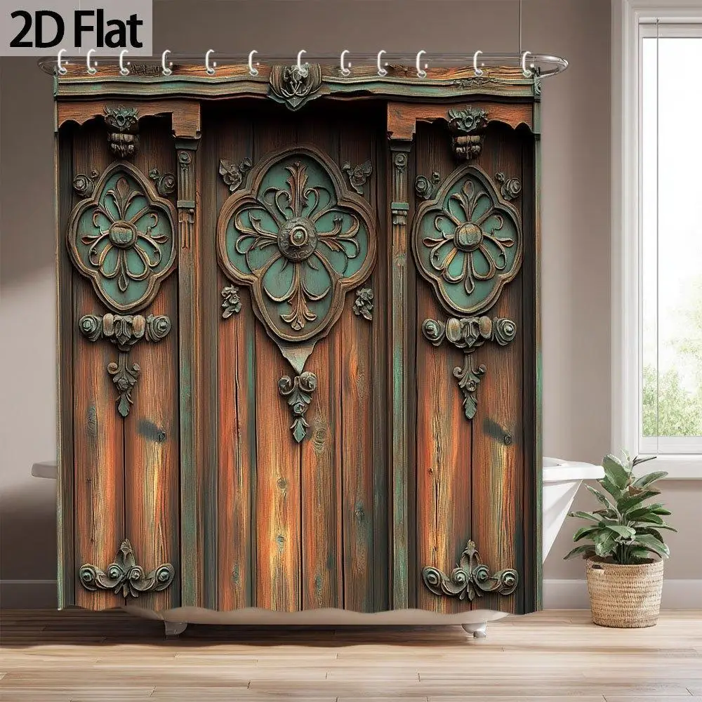Ornate Vintage Gothic Carved Wood Panel Bathroom Shower Curtain Rustic Decorative Wall Decor Waterproof Accent Curtain