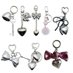 Y2K Silver Color Keyring Pendant 3D Bowknot Heart Keychain Sweet Cool Girls Phone Chain Fashion Jewelry Accessories