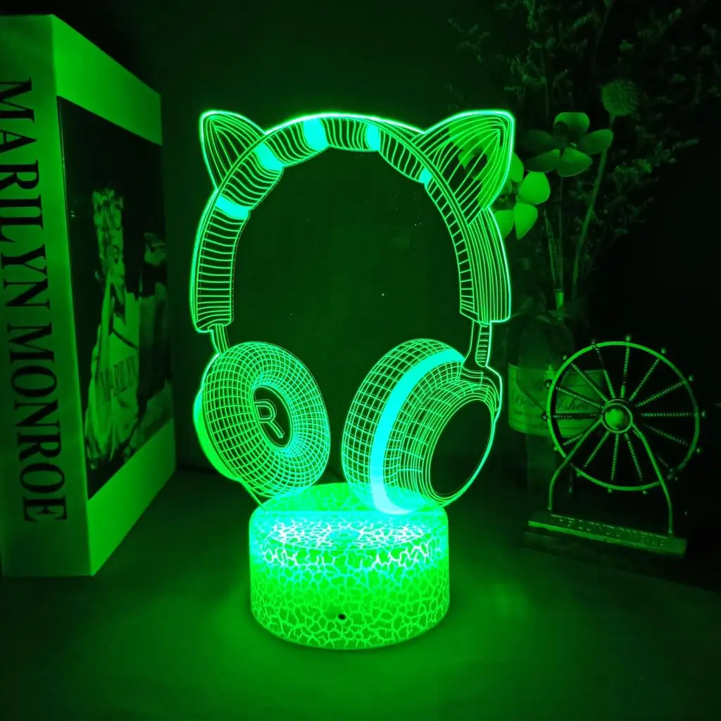 Cute Headphones 3D Illusion Night Lamp 7/16 Color Change Desk Setup Light Cool Game Console Room Decor For Kids Bedside Gift