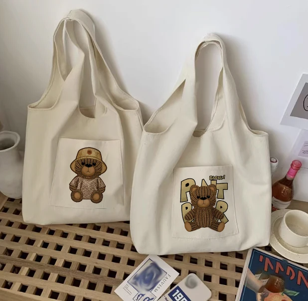 

Brown Teddy Bear Women's Shopping Bag Canvas Commuter Vest Bag Cotton Supermarket Grocery Bag Handbag