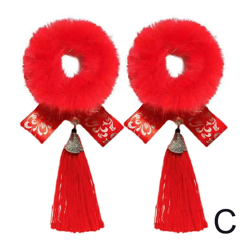 1Pair Tassel Big Red Cute Chinese-style Hair Accessories Performances Loops Children’s Hair New And Day Year Imitation Rabb B9N6 image 5
