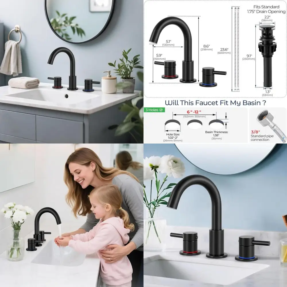 

3-Hole Matte Black Sink Faucet with Popup Drain, 8 Widespread, 360° Swivel Spout, 2-Handle Vanity with Hoses