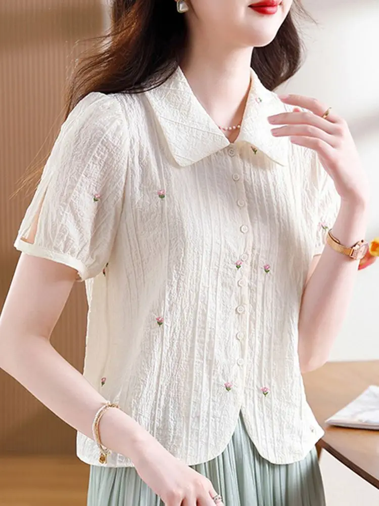 Camicetta estiva in chiffon a maniche corte Nuovo top da bambola dolce ricamato da donna