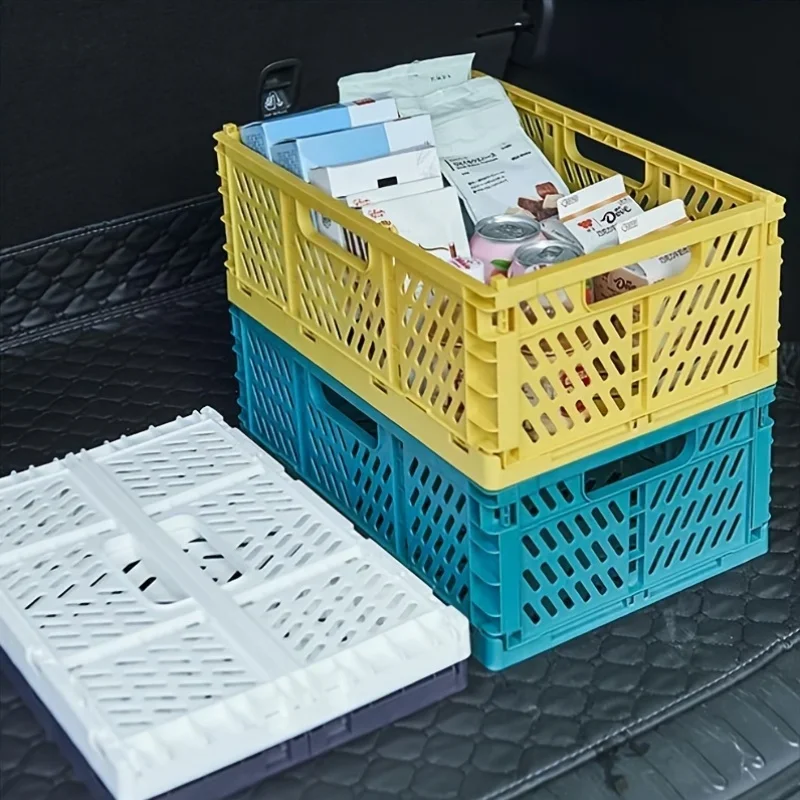 1pc, Folding Plastic Storage Basket, Desktop Stackable Storage Bin, Living Room Refrigerator Storage Box, Under-Bed Storage