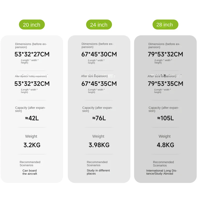 Bagagem expansível de alta qualidade, abertura frontal, feminina, leve, caixa de embarque de 20 polegadas, grande capacidade, mala de 24/28 polegadas