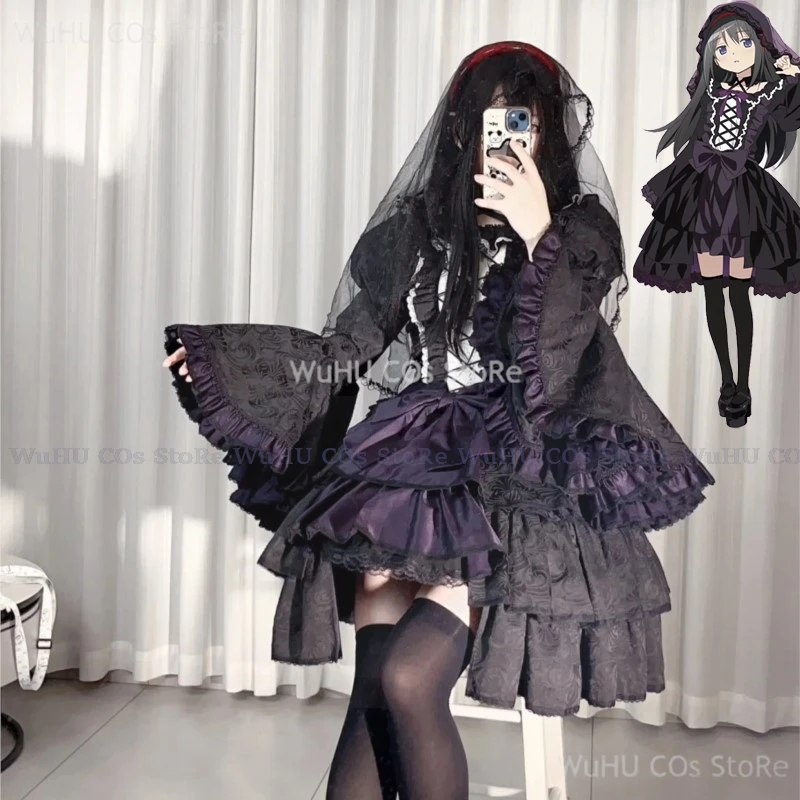 Anime Puella Magi Madoka Magica Cosplay Akemi Homura ubrania typu Cosplay zestaw peruk welon czarna sukienka Lolite kobiety impreza z okazji Halloween