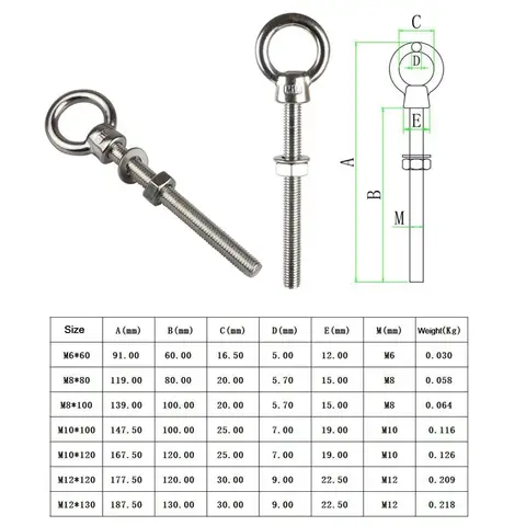 JIS1169 Long Shoulder Lifting Eye Bolt With Nut Ring Loop Hole 316 Stainless Steel M6 M8 M10 M12