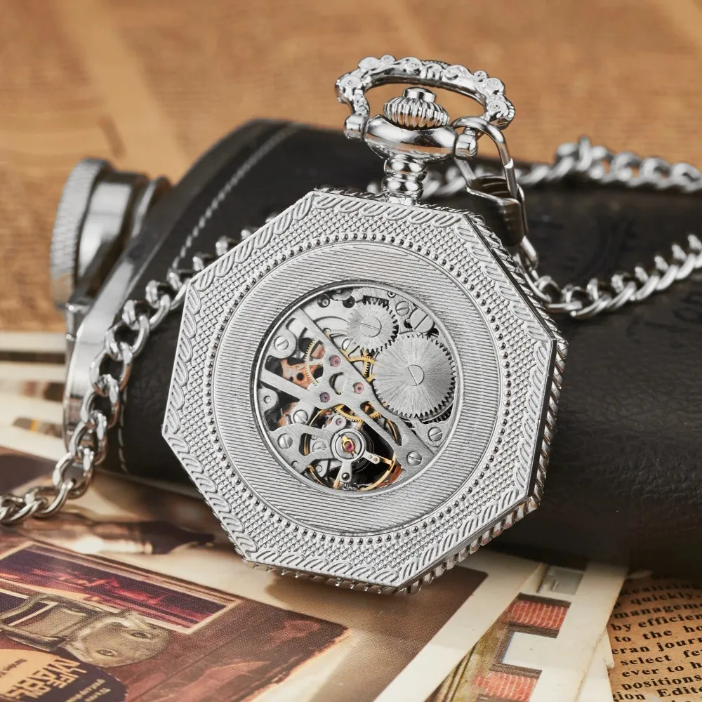 Ramadan Classic Hexagonal Mechanical Pocket Watch FOB Chain Steampunk Roman Dial Skeleton Gold Hollow Steel Men's Pocket Watch