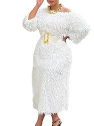 2025 Women White Fur Dresses 3/4 Sleeves Tassel Elegant Fluffy Midi Dress with Belt Fall Winter Luxury Party Club Night Gowns