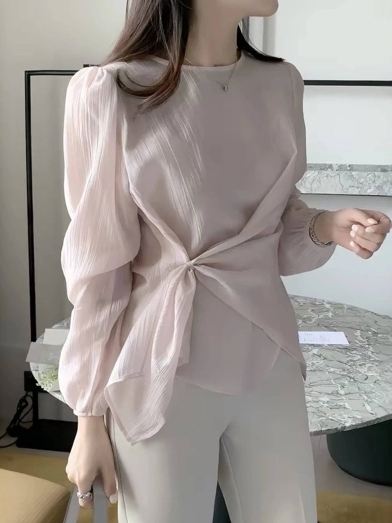 Korean Style Knot Front Asymmetrical Neckline Shirt Spring Autumn New Arrival Gentle Elegant Women's Top French Style Slim Fit