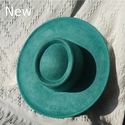 New Color Nubuck Leather Fedora Hat for Women Men Flat Top Woolen Top Hat Autumn Wide Brim Luxury sombrero mujer Rhinestone