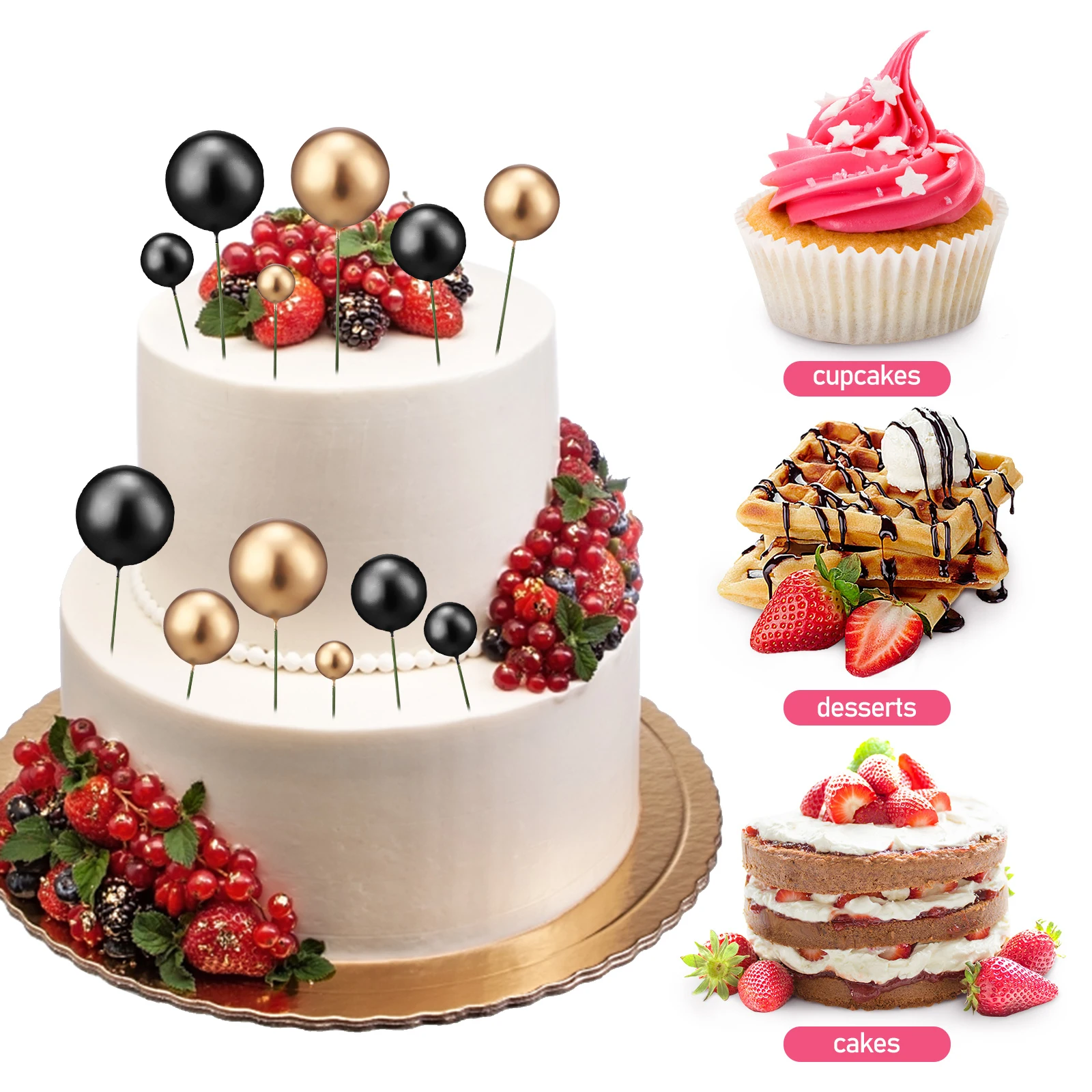 

30 pcs Golden Silver Balls Cake Cupcake Toppers Metal Decorations Wedding Birthday Party Supplies Stylish Elegant Baking Dessert