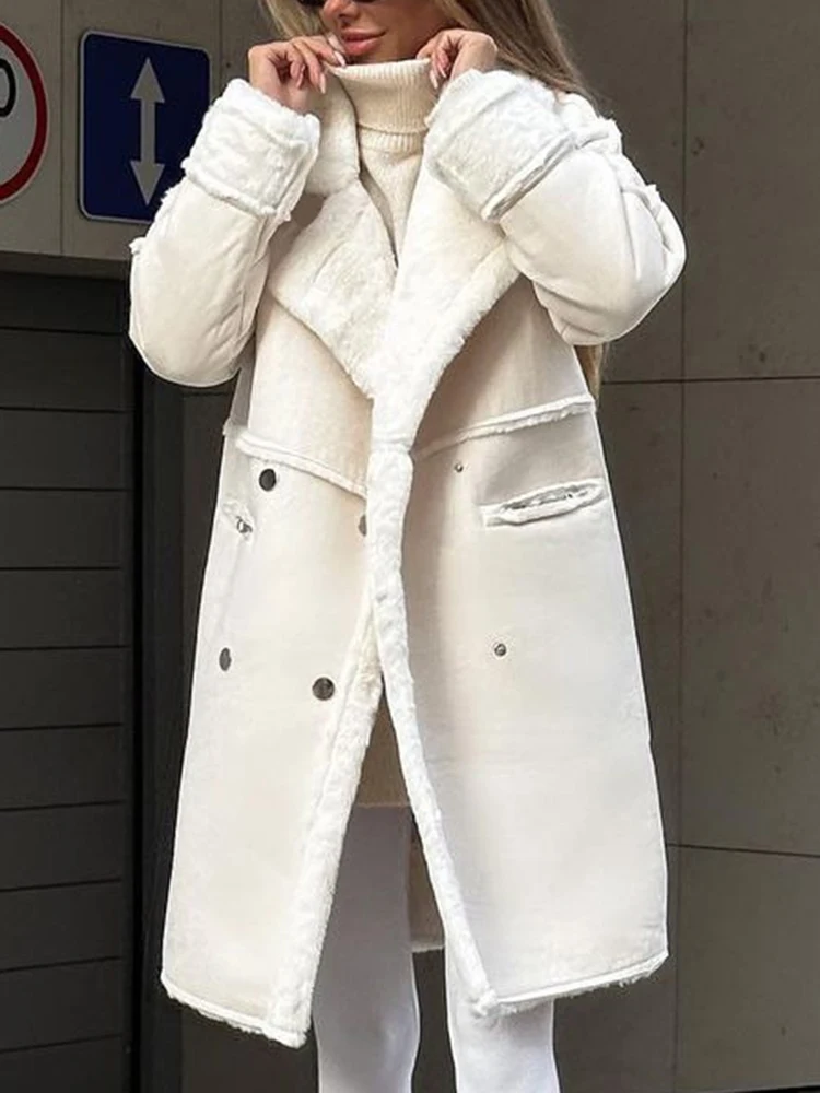 Veste longue en fausse fourrure pour femme, manteau en peluche à revers décontracté, veste en laine d'agneau chaude, vêtements d'extérieur coupe-vent surdimensionnés, mode vintage pour femme, optique d'hiver