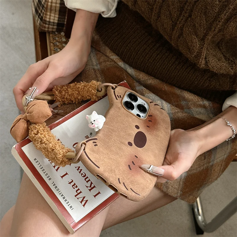 For iPhone 16 Pro Max Cute Dog suede nap Phone Cover For iPhone 15 14 12 13 Pro Max 14Pro 15PM Crossbody Case fluffy fuzzy rope