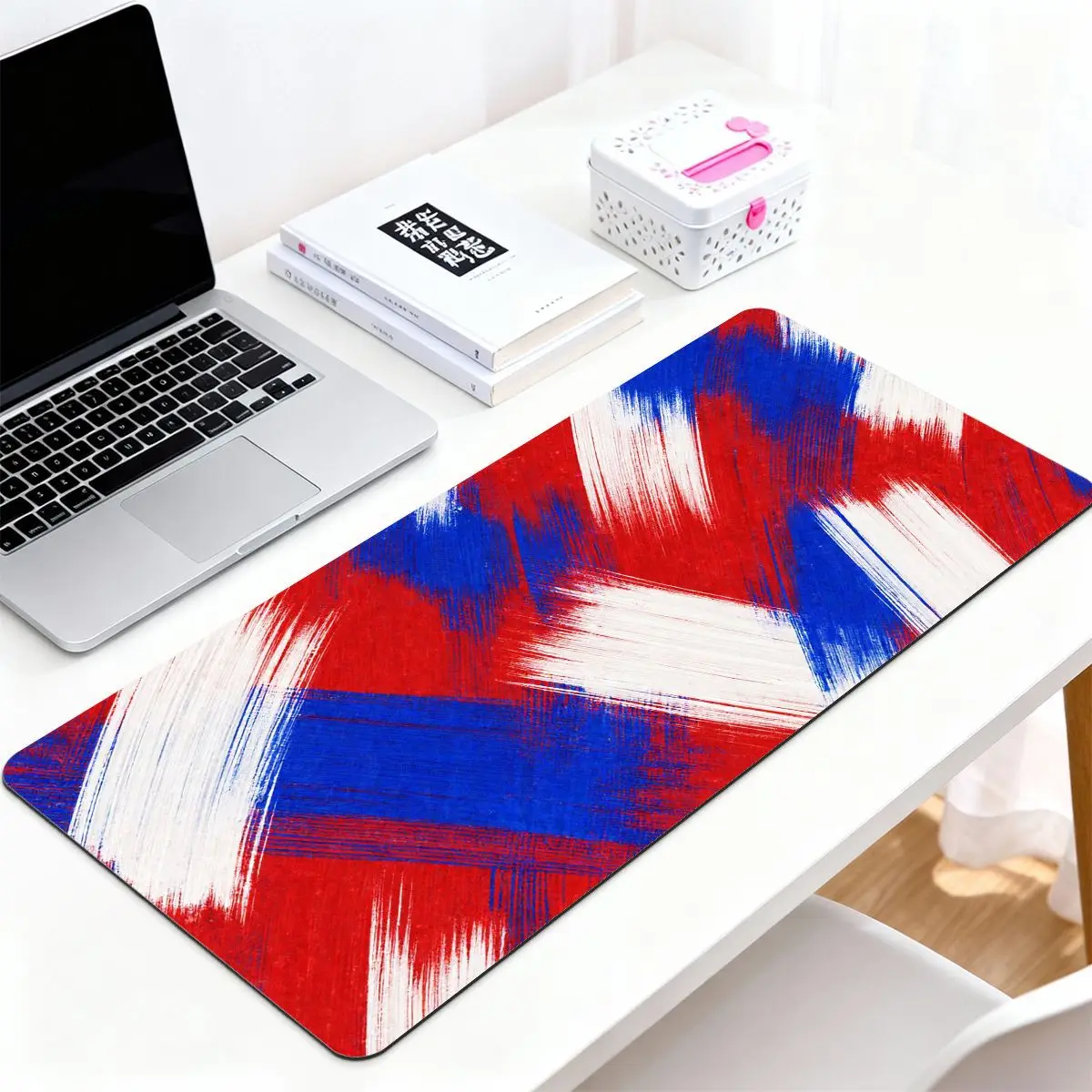 Abstract Red White Blue Brush Mouse Pad, Modern Art Non-Slip Rubber Desk Mat, Smooth Control Keyboard Pad for Gaming & Office