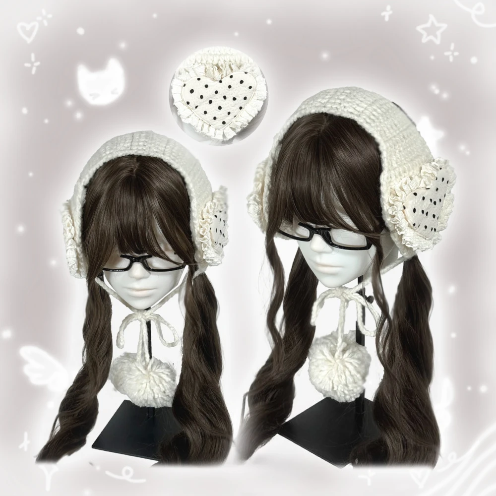 Subculture Knitted Y2K Earmuffs Girls' Ancient Early Thickened Warm Cute Wave Point Love Ear Protection Decoration Accessories