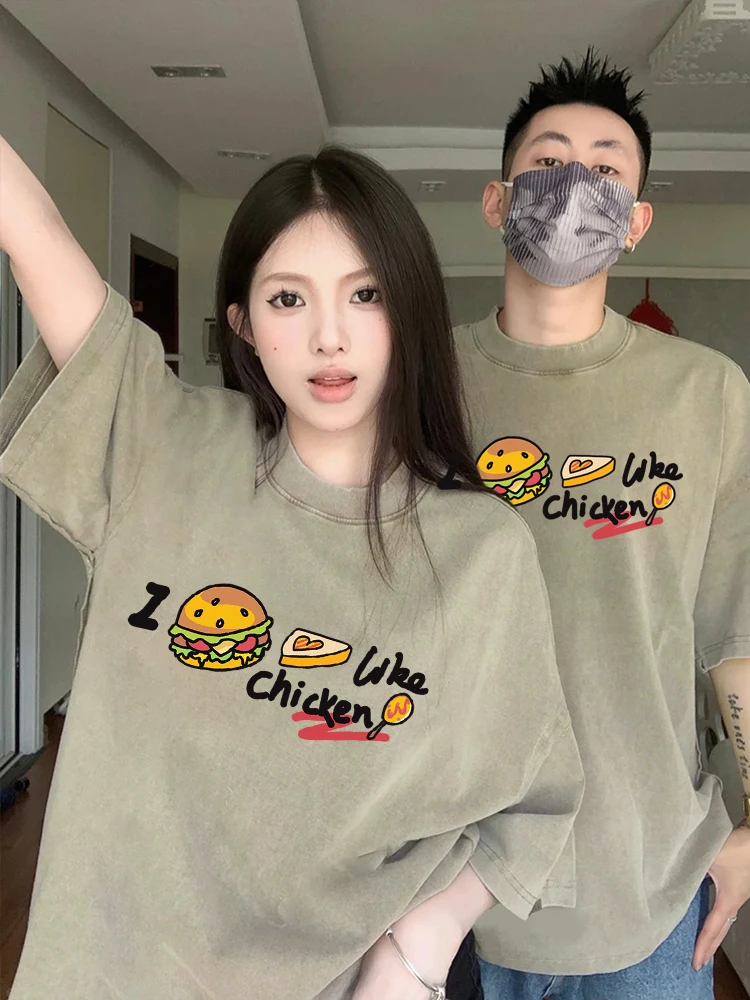 I like Chicken Burger Letter Pattern Couple T-shirt Summer 2024 New Fashion Trend Cotton Short Sleeves