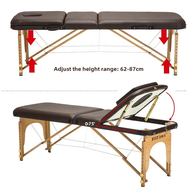 Cama de masaje plegable para salón de belleza, portátil, práctica terapia física para el hogar, SPA de madera maciza, 186x60cm