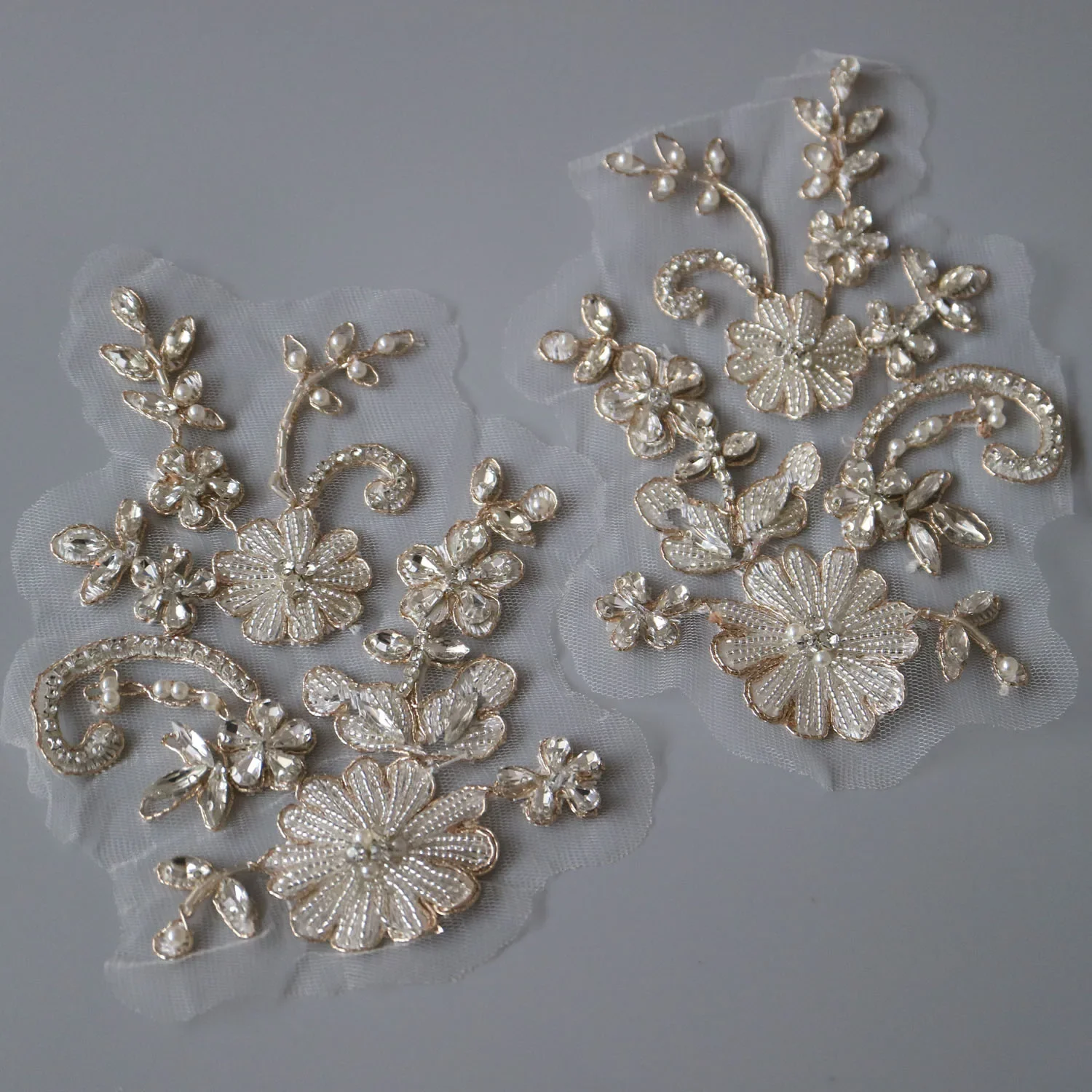 2pc/pair Luxury glass rhinestone beaded patches for clothes DIY sew on flower appliques for wedding dresses embroidery appliques