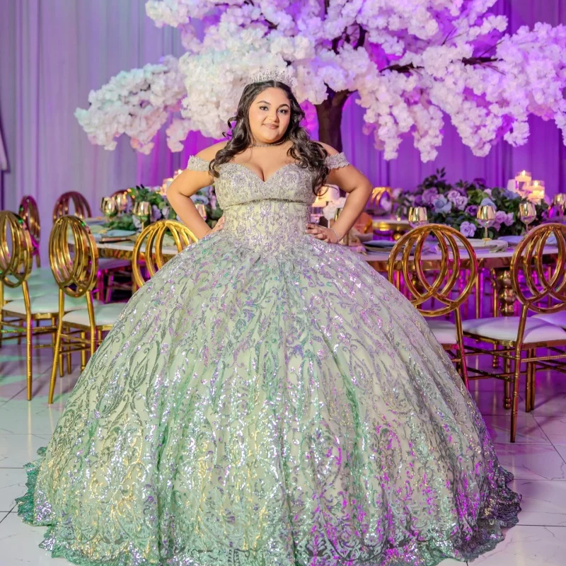 

Shiny Green Quinceanera Dresses Off the Shoulder Decal Crystal Lace Glitter Long tail Bow Vestido De 15 Quinceanera Customize
