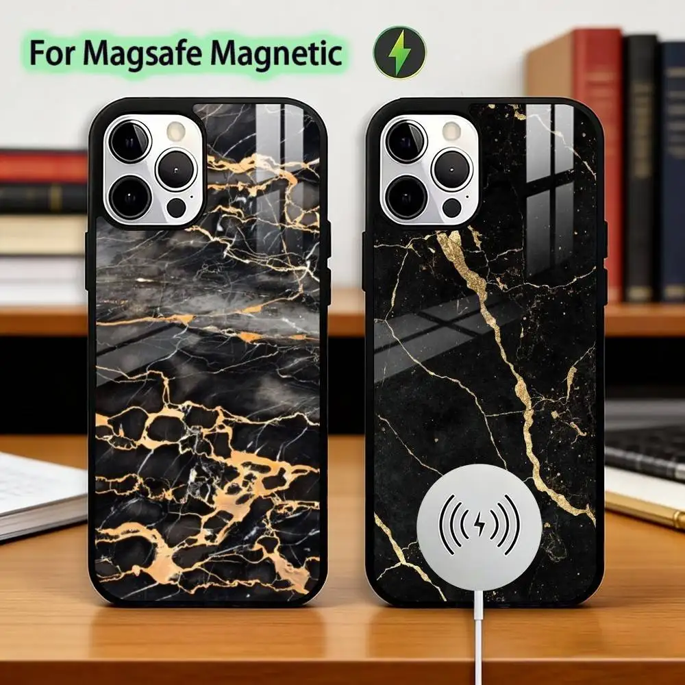 

B-Black Gold Marble A-Art Phone Case For iPhone17,16,15,14,13,12,11 Plus,Pro Magnetic For Magsafe Wireless Charging