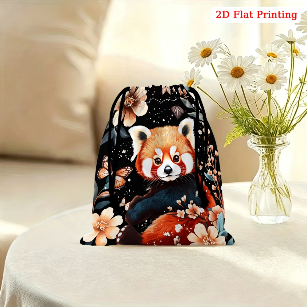 1pc Cartoon Red Panda Floral Print Drawstring Bag Black Storage Small Pouch For Travel Cosmetics Glasses Organizer Portable Gift
