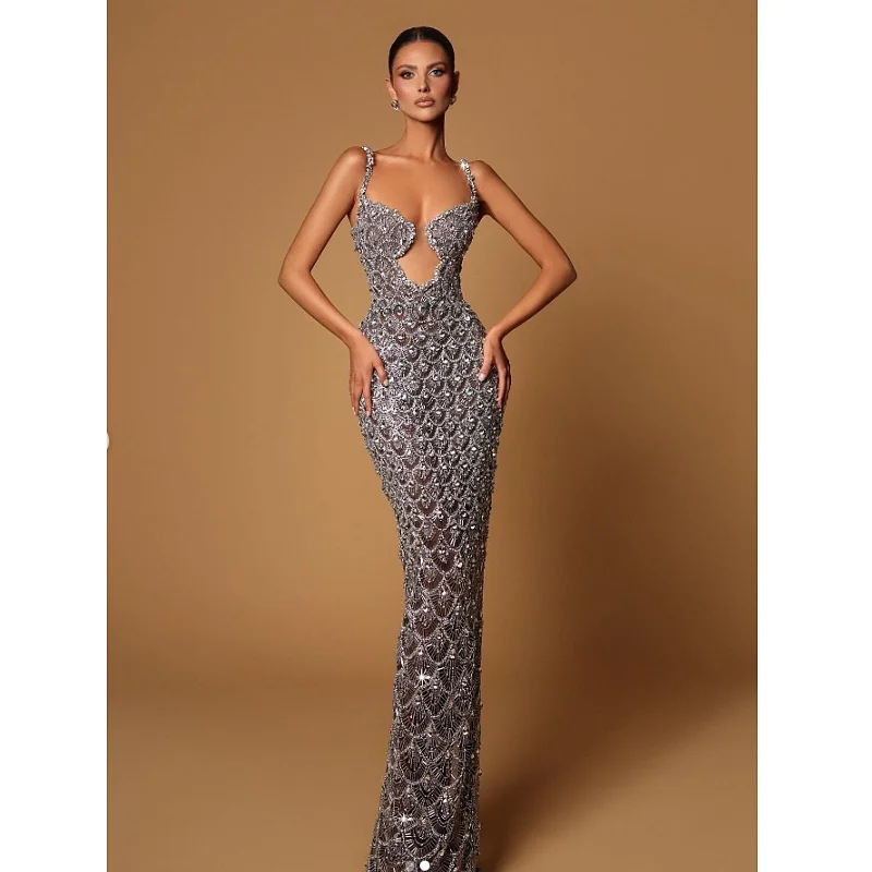 Sparkling Champagne Sequins Sexy V-Neck Spaghetti Strapless Floor Length Dress Graceful Evening Dress Celebrity Party Outfit