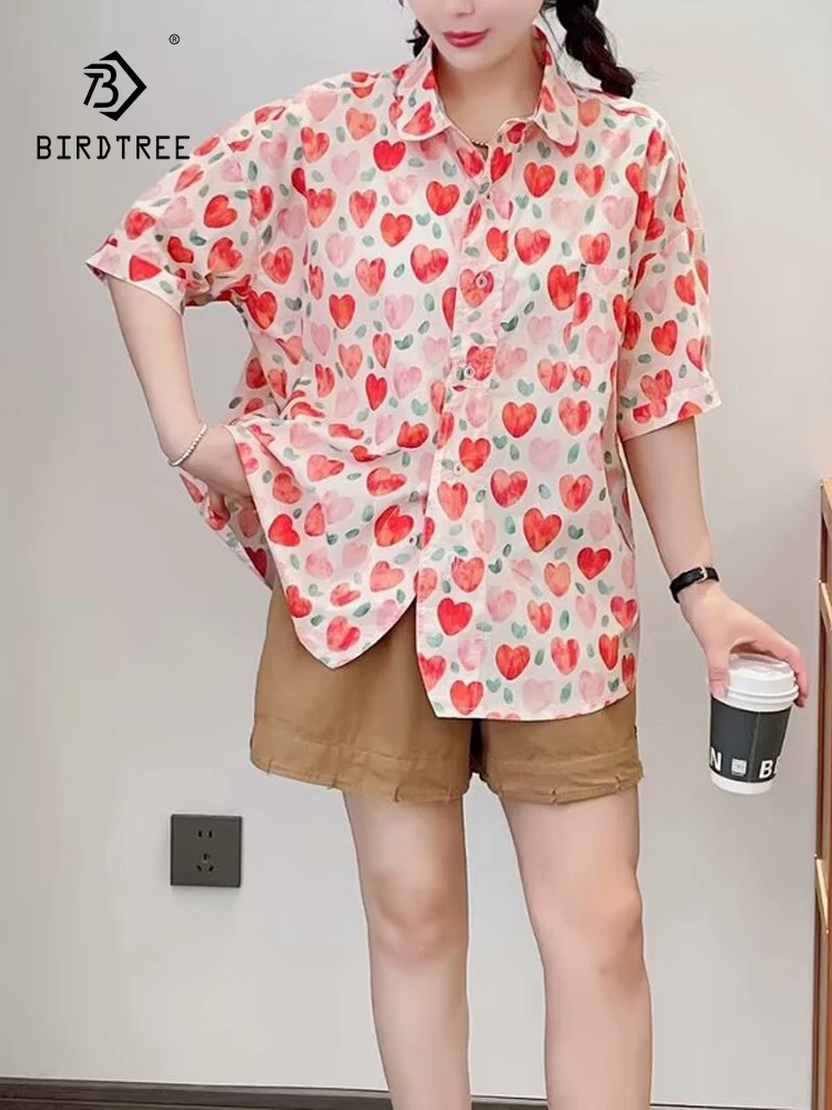 New Spring Cotton Cartoon Printed Shirt Women Short Sleeve Lapel Sweet Tops Girl OL Loose Casual Blouses 2024 Summer T45677QC