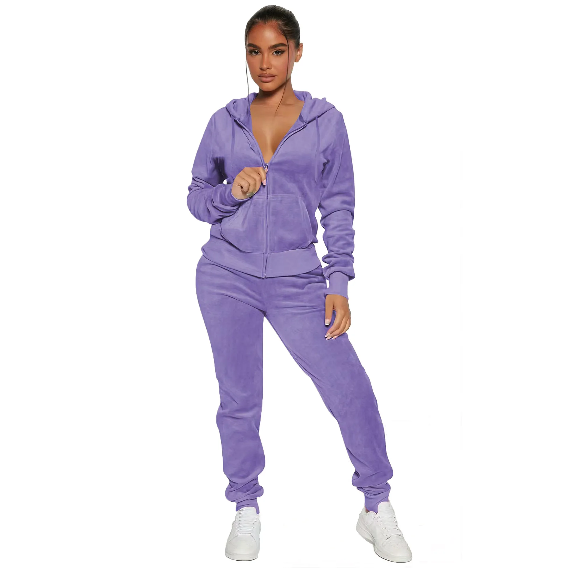 Personalized LOGO Customized Women's European and American Fashion Silver Fox Fleece Hooded Foot Tie Two-piece Set