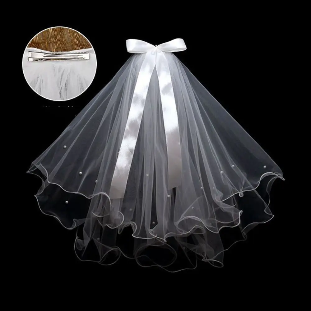 

Wedding Flower Bridal Veil Bow Ribbon Bride Head Gauze Double Layer Bridal Headdress Wedding Gauze Girl