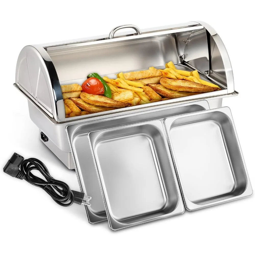

Electric 9 QT Chafing Dish Buffet Set, NSF Stainless Steel Roll Top Catering Chafer Server Food Warmer with Cover, Full Size &