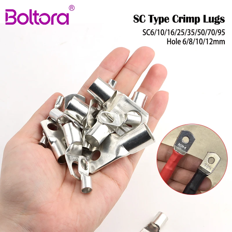 SC Series Copper Crimp Lug Terminals SC6/10/16/25/35/50/70/95 Battery Block Lugs Crimping Wire Connector Hole 6/8/10/12mm