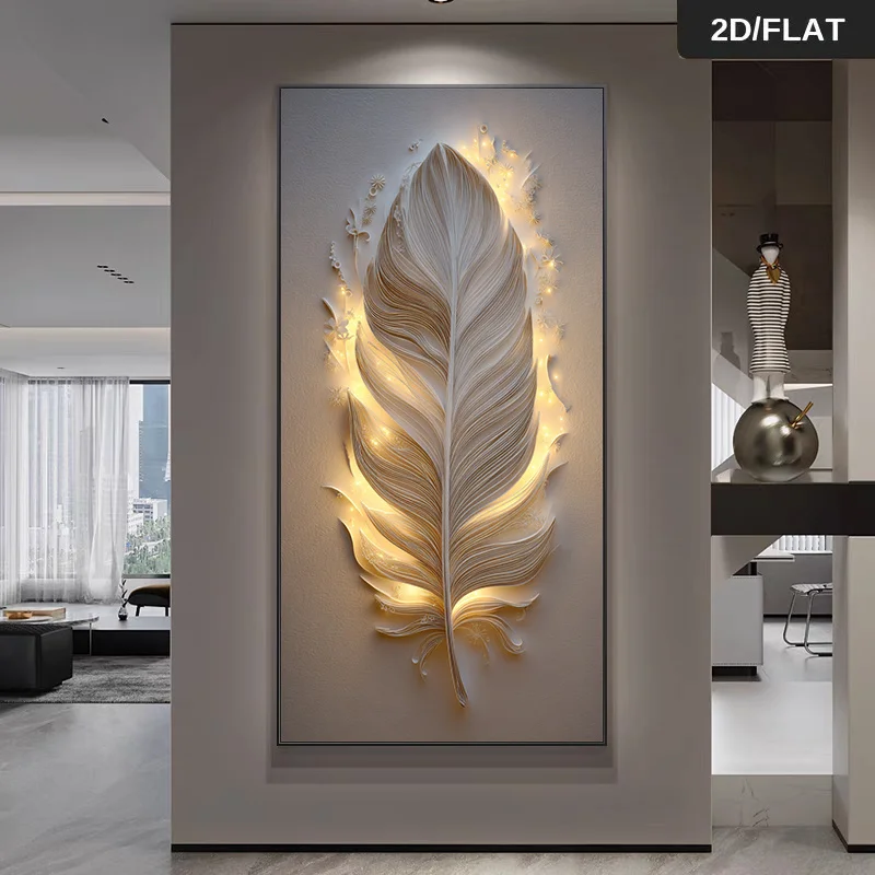 2D FLAT  Modern Abstract Glowing Feather Wall Art - - Minimalist Living Room and Bedroom Decor - Frameless Poster