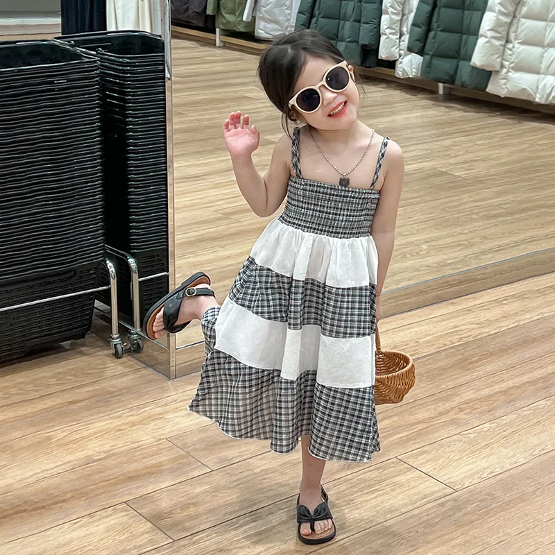 Girls Skirt 2024 Spring New Girl Personality Dynamic Color Matching Strap Dress Girl Temperament Casual Plaid Dress Simple