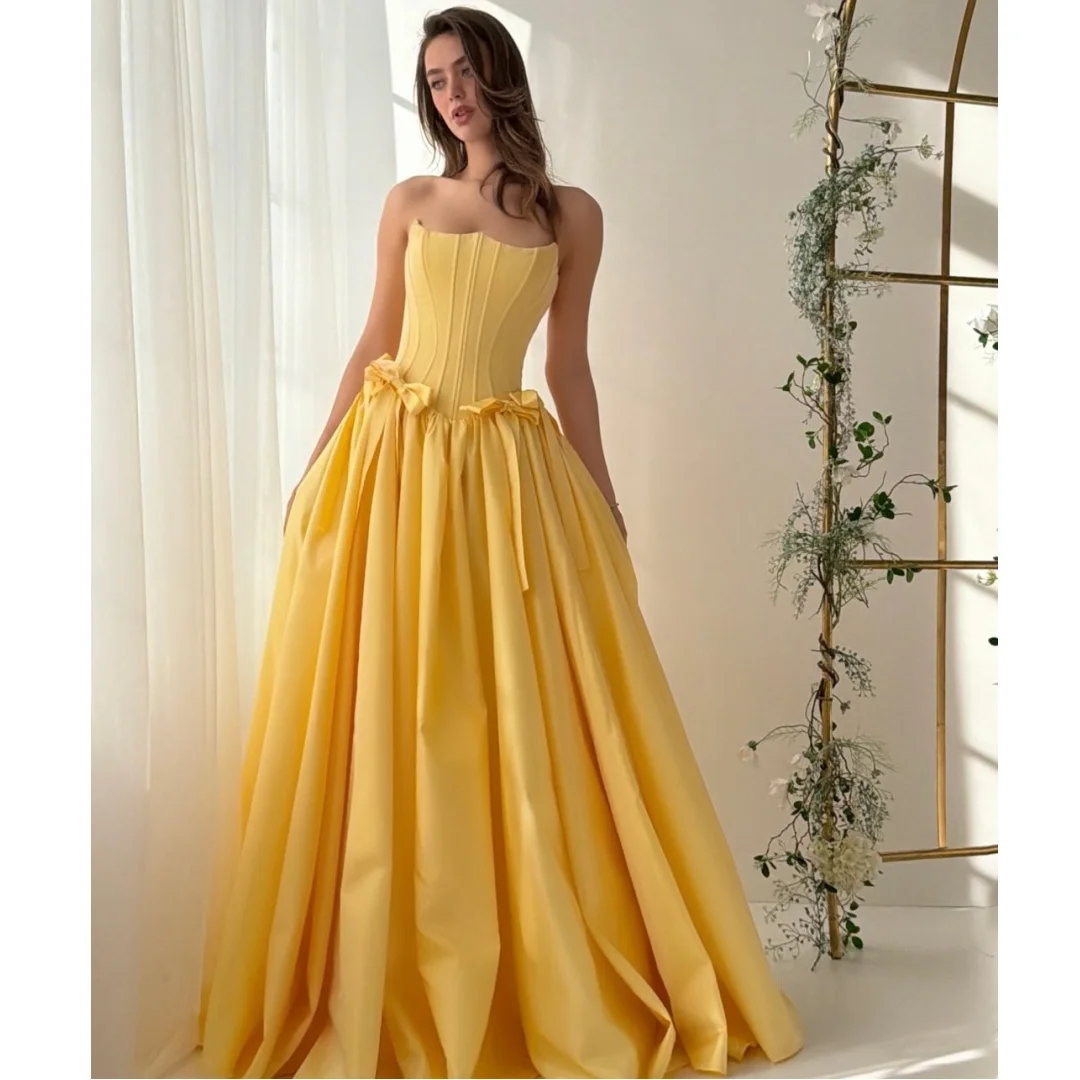 Yellow Strapless Corset Evening Dresses Bow Sash Pleat Exquisite Satin Prom Dress Elegant Party Gown Gala Vestidos Customized