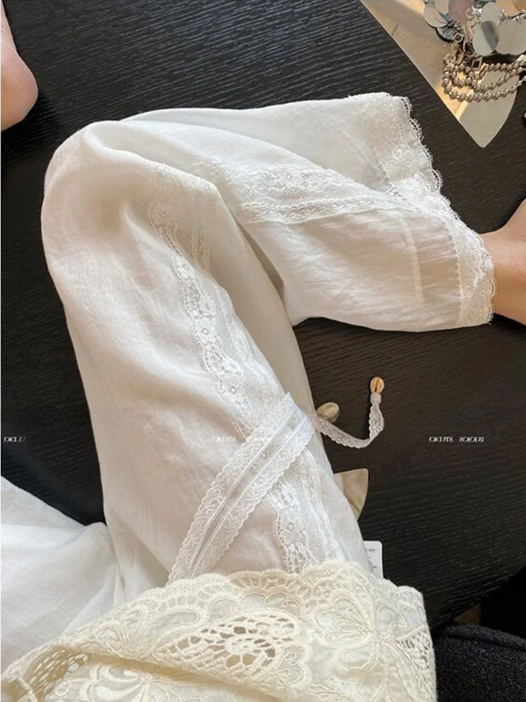Ladies' Summer 2026 New Style Wide Leg Pants Linen Material Straight Cut Casual Trousers Lace Splicing Loose Fit High Waist