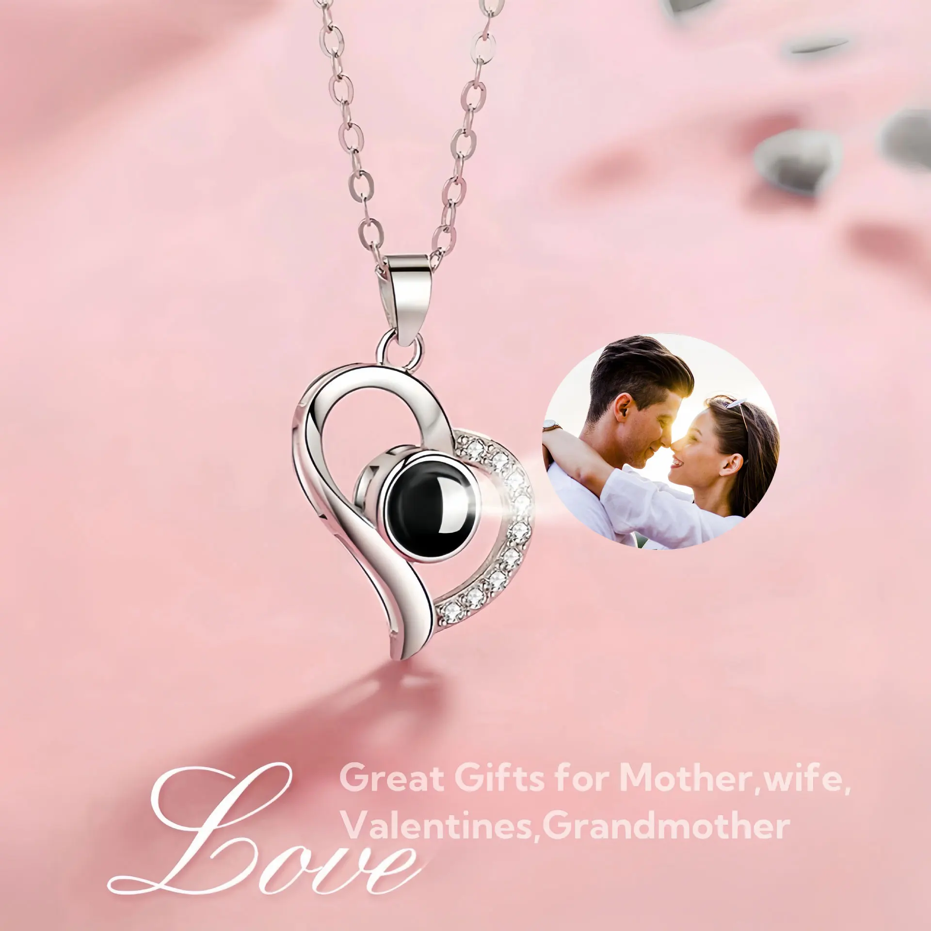 

Custom Memory Projection Necklace with Asymmetrical Heart Design Engrave Photos Text Romantic Gift Suitable Proposals Christmas