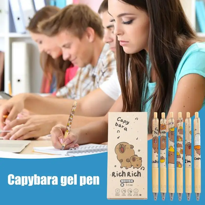 Capybara Pen Set 0.5mm Fine Point Retractable Writing Pen 6X Black Ink Aesthetic Pens Novelty Animal Pens For Classroom