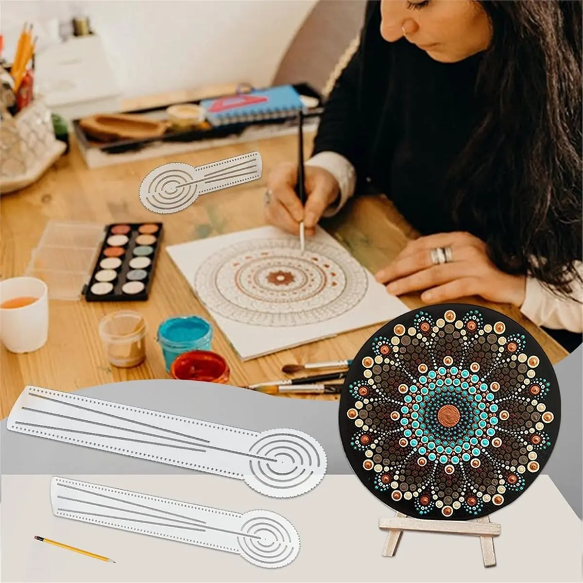 5 Pcs 3in1 Mandala Ruler Tool with Holes 5 Size Mandala Dot Art Circle Maker Compass Protractor Straight Dotting Ruler