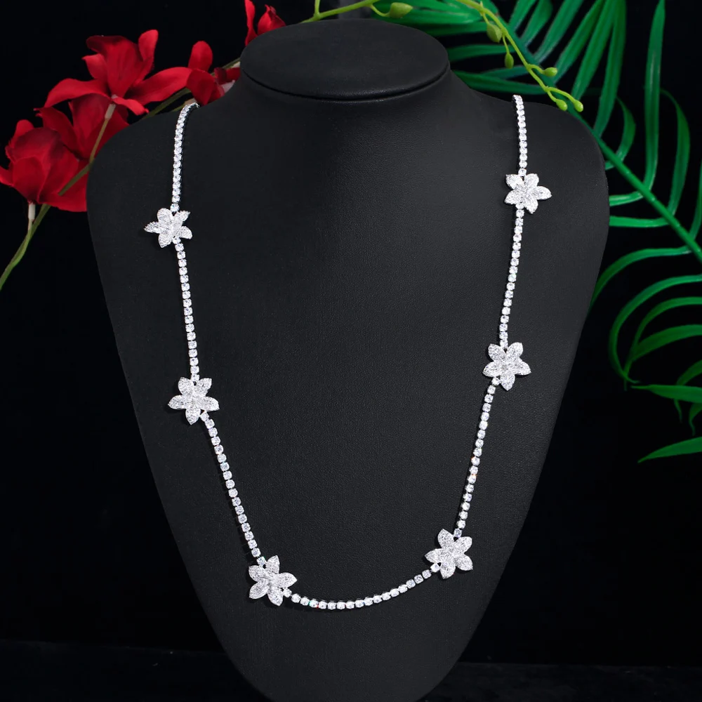 ThreeGraces New Trendy Cubic Zirconia Silver Color Flower Shape 82cm Long Sweater Necklace for Women Bridal Party Jewelry PN157