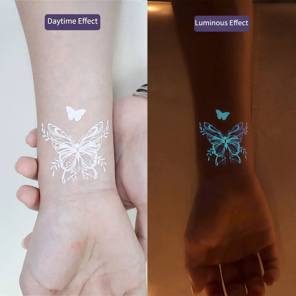 여성을위한 1pc 파란색 빛나는 가짜 문신, 손 손가락을위한 나비 문신 스티커 손목 어둠 속에서 빛나는 임시 문신