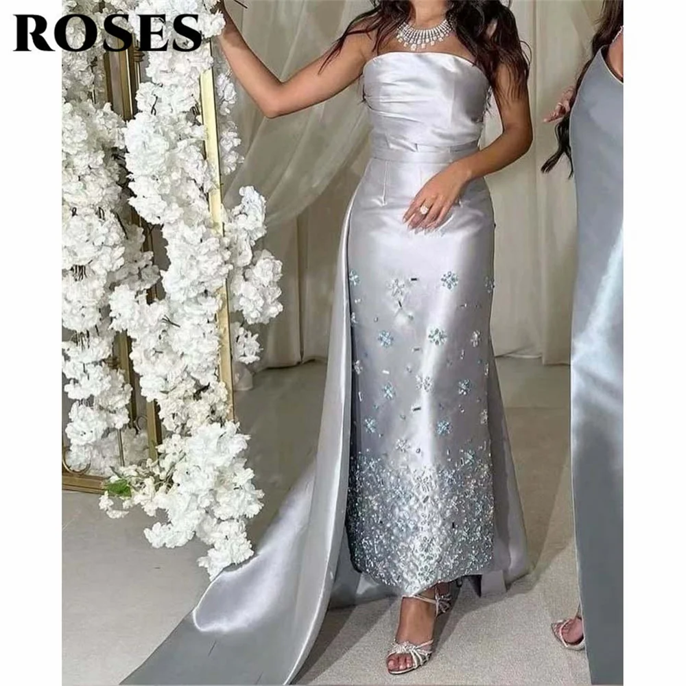 

ROSES Silver Stain Party Dress Strapless Night Prom Dresses Pleats Sleeveless Sequins Celebrity Gowns Customized Saudi Arabia